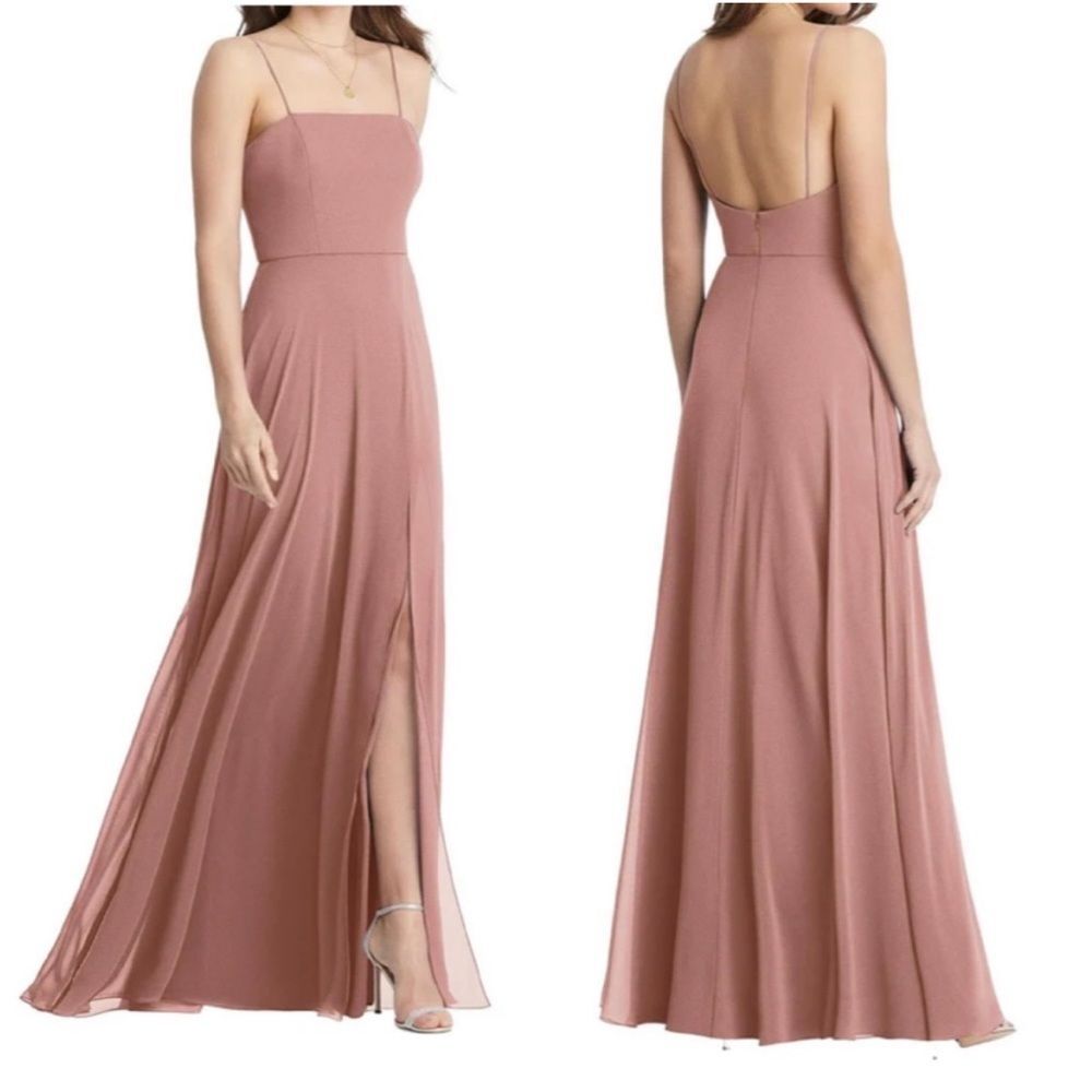 NWT LOVELY Elliott Square Neck Chiffon Maxi Dress Front Slit LB012 Desert Rose 8